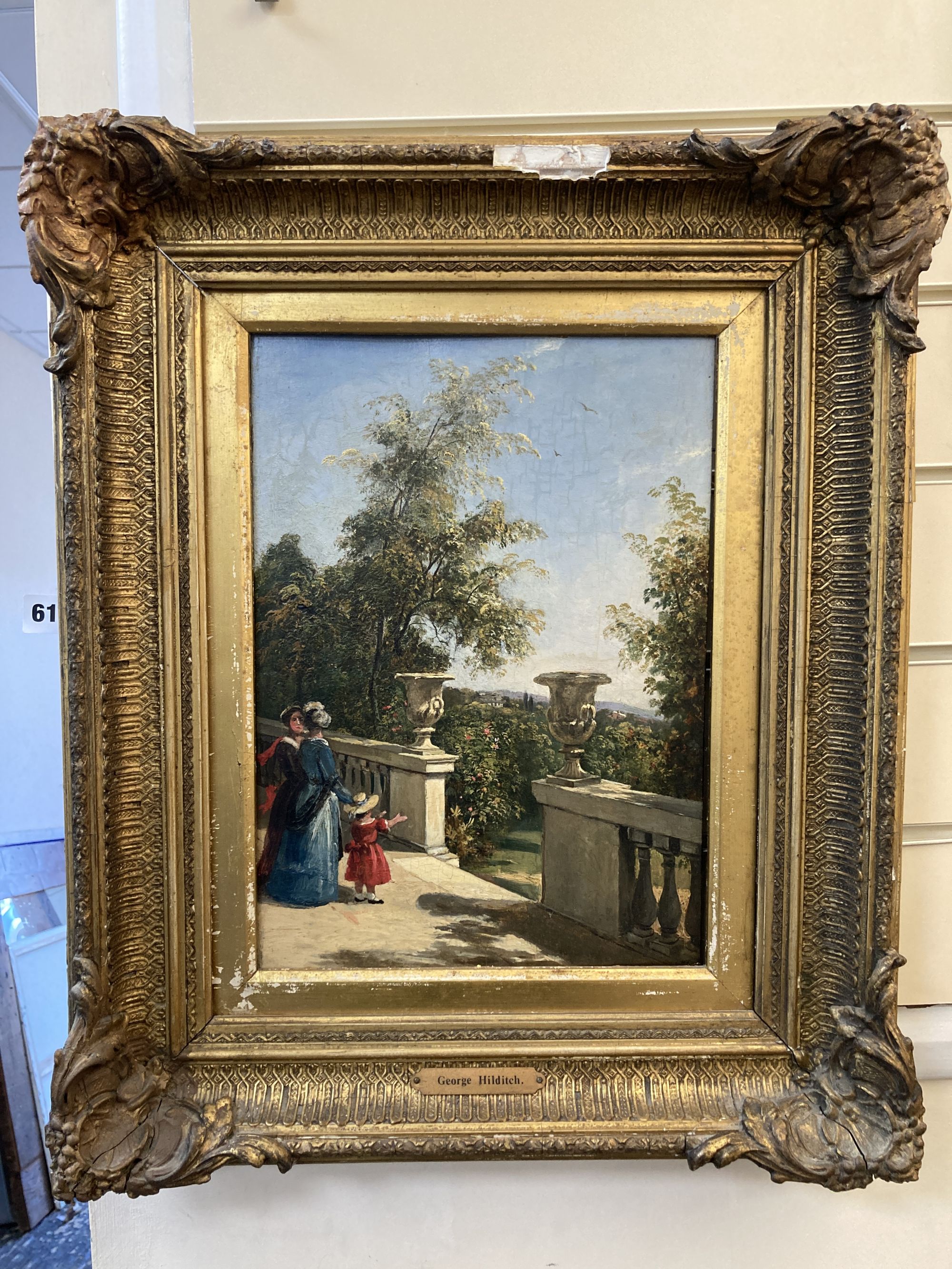 Attributed to George Hilditch (1803-1857), oil on panel, Figures on a terrace, 33 x 24cm